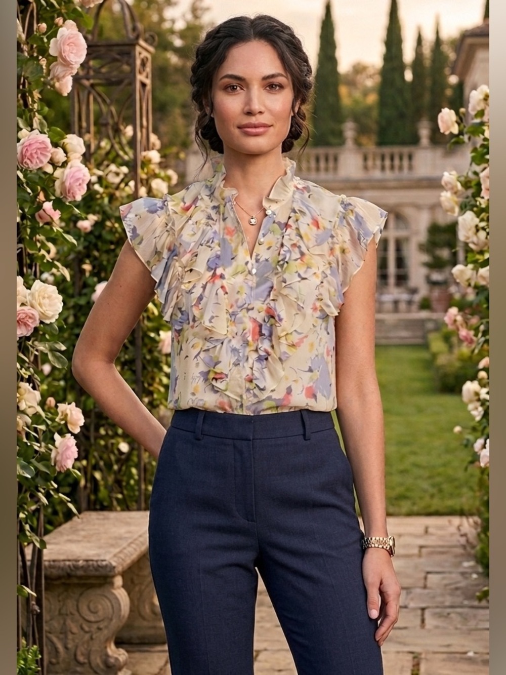 New Lauren Ralph Lauren Crinkle Georgette Print Band Collar Shirt Blouse
